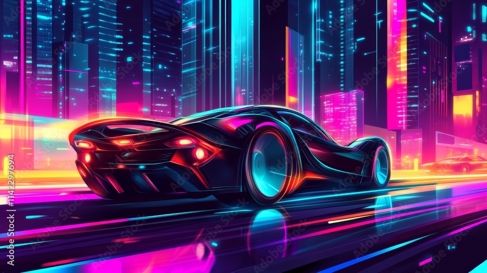 Futuristic Sports Car Speeding Through Neon-Lit Cityscape Futuristic Sports Car Speeding Through Neon-Lit Cityscape