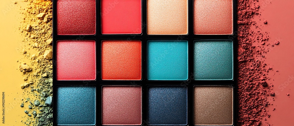 eyeshadow palette featuring bright red, blue, and green shades arranged in a grid format, with a soft neutral background, vibrant makeup colors, beauty trends, bold artistic look eyeshadow palette featuring bright red, blue, and green shades arranged in a grid format, with a soft neutral background, vibrant makeup colors, beauty trends, bold artistic look
