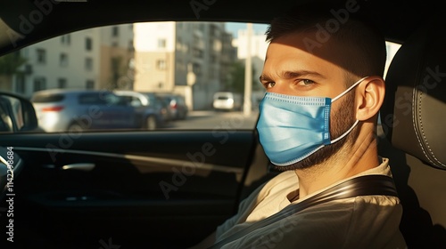 Driver wearing protective face mask during pandemic is driving a car photo