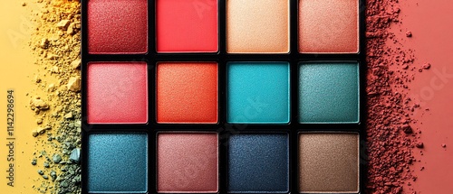 eyeshadow palette featuring bright red, blue, and green shades arranged in a grid format, with a soft neutral background, vibrant makeup colors, beauty trends, bold artistic look photo