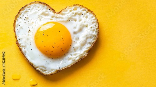 Heart shaped fried egg seasoned with black pepper on yellow background