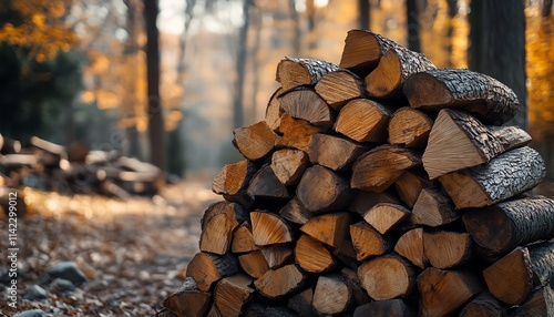 firewood stacked in a rustic pile, with logs and trees as a backdrop, natural wood textures, serene outdoor atmosphere, earthy tones, cozy rustic scene in the forest photo