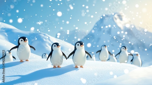 A group of cheerful penguins waddling down a snowy hill, with snowflakes gently falling around them and distant mountains in the background. photo