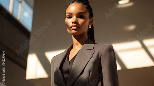 Female model in sharp tailored suit, standing confidently with clean lines, professional portrait