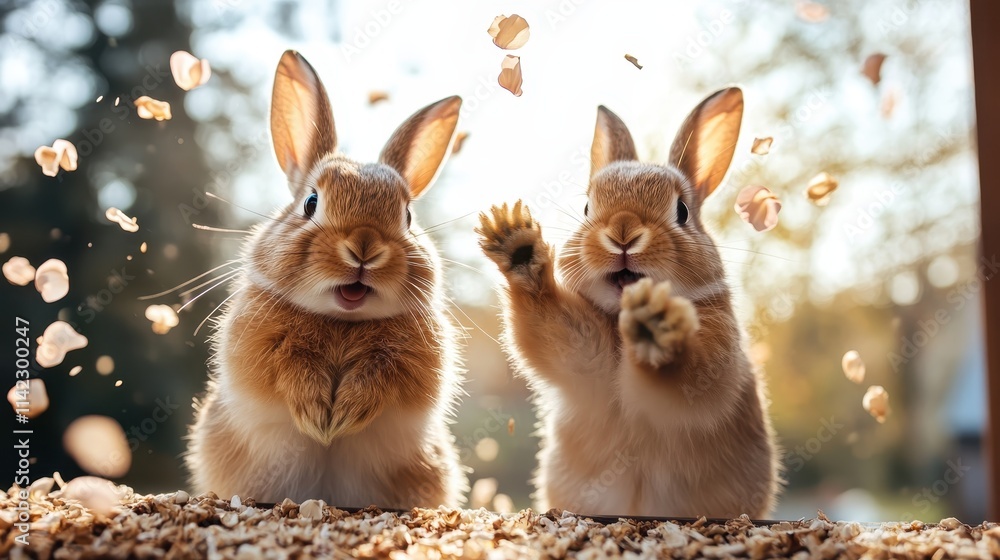Playful bunnies enjoy the day in an autumnal setting with leaves and wood shavings flying, their joy and liveliness showcasing youthful energy and freedom outdoors. Playful bunnies enjoy the day in an autumnal setting with leaves and wood shavings flying, their joy and liveliness showcasing youthful energy and freedom outdoors.