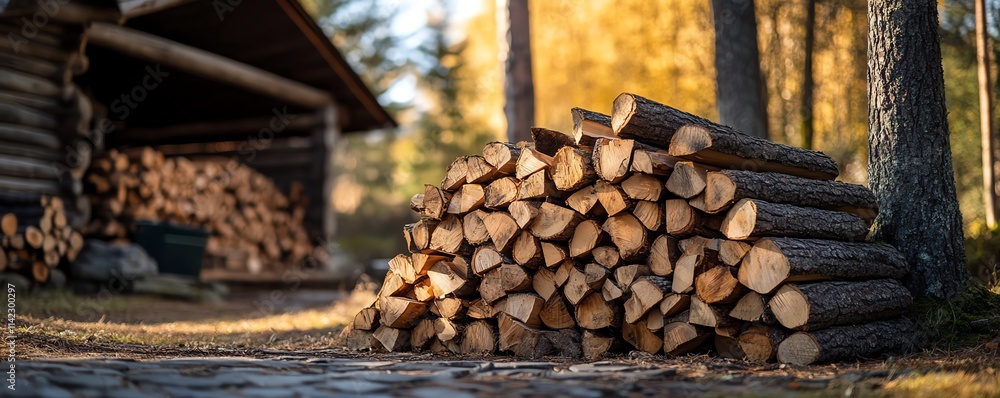 pile of rustic firewood stacked in front of logs and towering trees, earthy natural textures, woodland backdrop, cozy and inviting outdoor firewood scene, rustic charm pile of rustic firewood stacked in front of logs and towering trees, earthy natural textures, woodland backdrop, cozy and inviting outdoor firewood scene, rustic charm