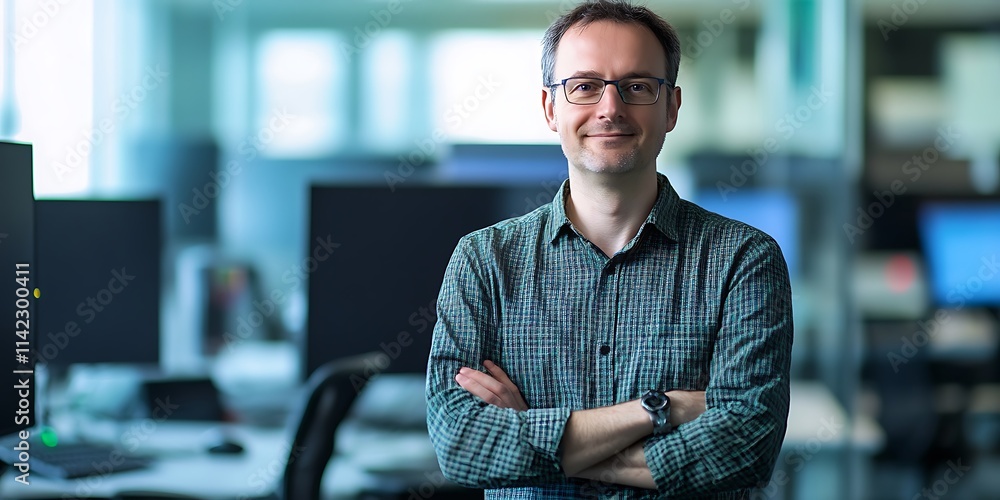 Software developer standing in an office surrounded by computers, smiling portrait shot