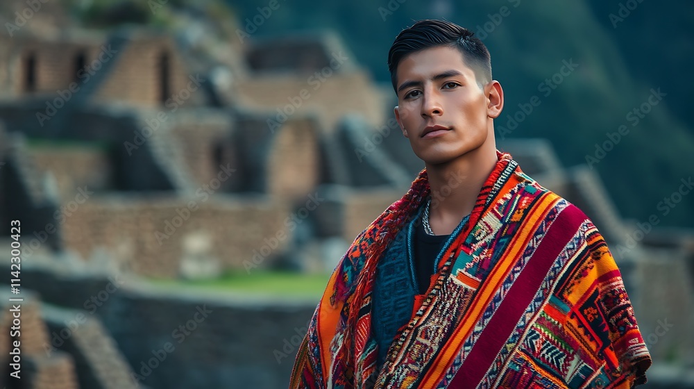 A Peruvian male model in traditional clothing, standing in front of the ancient ruins of Machu Picchu