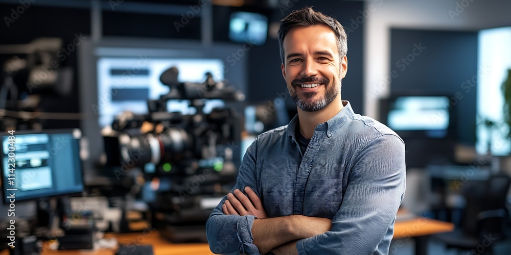 Male journalist standing proudly in a newsroom with cameras and editing stations in the background