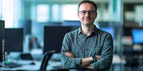 Obraz na płótnie Software developer standing in an office surrounded by computers, smiling portrait shot w salonie