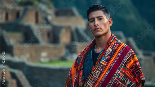 Obraz na płótnie A Peruvian male model in traditional clothing, standing in front of the ancient ruins of Machu Picchu w salonie
