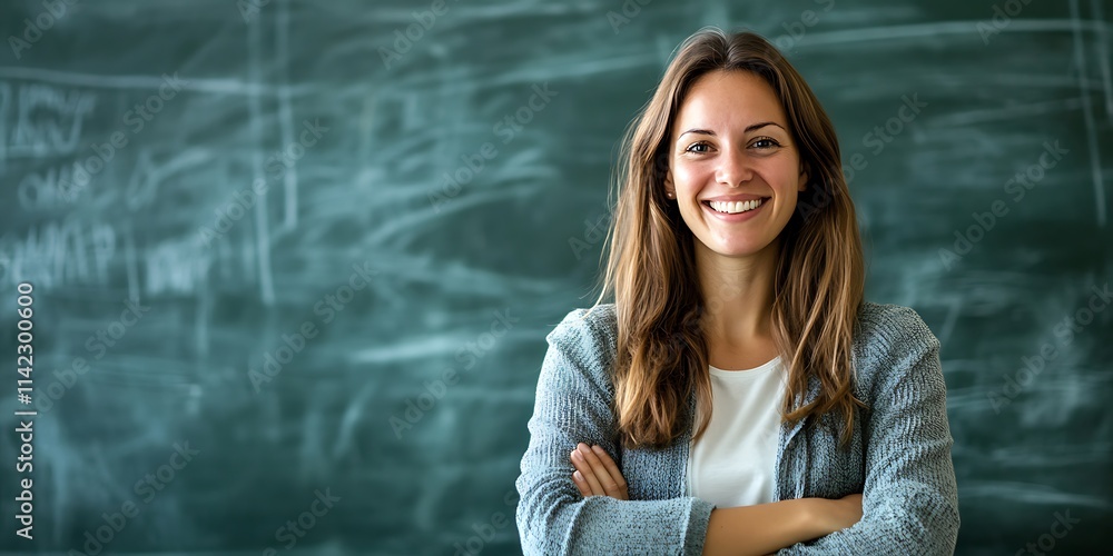 An Irish female teacher standing proudly in front of a blackboard in a school classroom, smiling