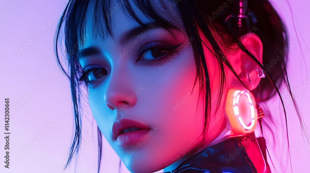 Female model in futuristic cyberpunk fashion glowing under neon studio lights