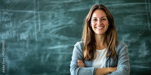 Obraz na płótnie An Irish female teacher standing proudly in front of a blackboard in a school classroom, smiling w salonie