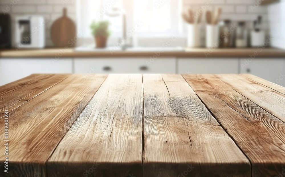 Rustic wooden table in a bright kitchen. Rustic wooden table in a bright kitchen.