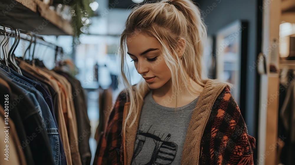 Model woman posing in a boutique store, looking at clothes on a display rack