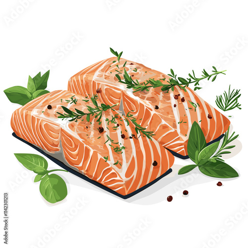 Two pieces of fresh and tasty raw salmon steaks, sliced fillet slices of redfish, organic seafood, vector image isolated on a white background