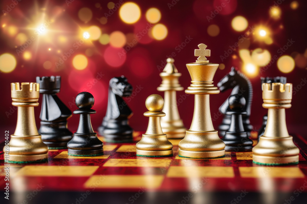 Golden and black chess pieces on board with glowing lights Golden and black chess pieces on board with glowing lights