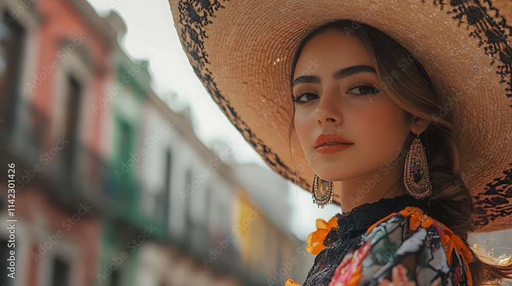 Mexican female model in sombrero, standing at historic center of Mexico City, cultural portrait