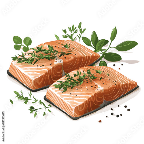 Two pieces of fresh and tasty raw salmon steaks, sliced fillet slices of redfish, organic seafood, vector image isolated on a white background