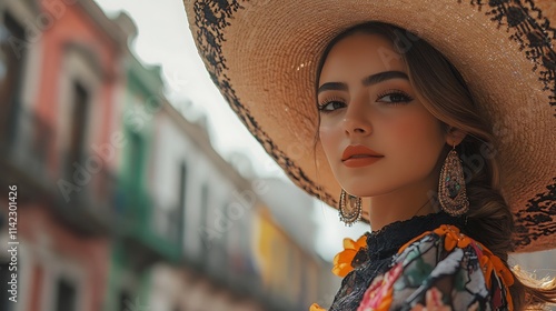Obraz na płótnie Mexican female model in sombrero, standing at historic center of Mexico City, cultural portrait w salonie