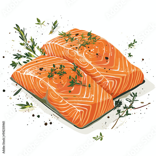 Two pieces of fresh and tasty raw salmon steaks, sliced fillet slices of redfish, organic seafood, vector image isolated on a white background