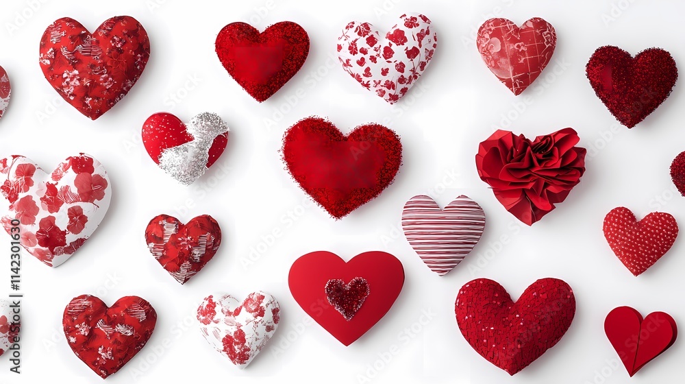Collection of Decorative Red Hearts in Various Patterns and Textures for Valentine's Day or Romantic Themes Displayed on a White Background Collection of Decorative Red Hearts in Various Patterns and Textures for Valentine's Day or Romantic Themes Displayed on a White Background