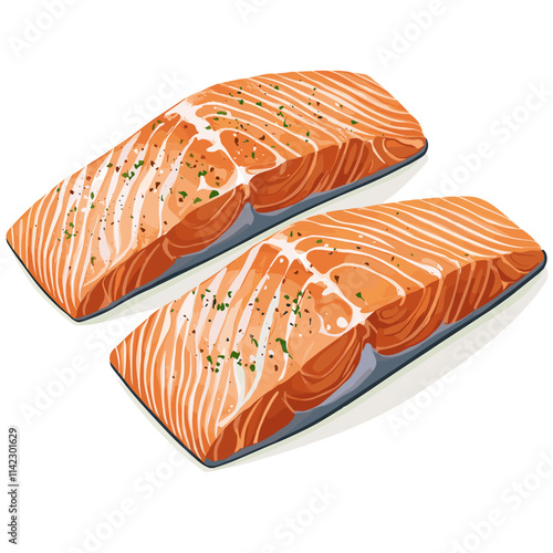 Two pieces of fresh and tasty raw salmon steaks, sliced fillet slices of redfish, organic seafood, vector image isolated on a white background