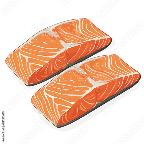 Two pieces of fresh and tasty raw salmon steaks, sliced fillet slices of redfish, organic seafood, vector image isolated on a white background
