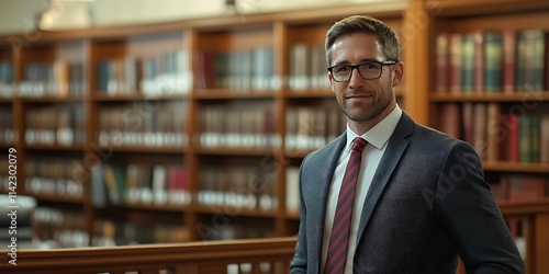 Male lawyer standing proudly in a law office, ready for an important case