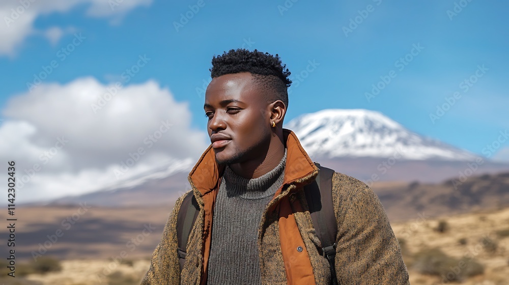 Kenyan male model in casual attire, standing in front of Mount Kilimanjaro, with scenic background