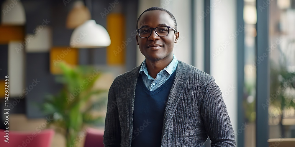 Kenyan male financial advisor discussing investments in a modern office, standing confidently, smiling