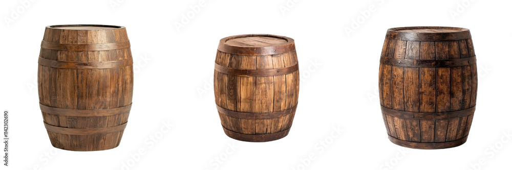 Wooden barrels in various sizes and finishes, perfect for rustic decor Wooden barrels in various sizes and finishes, perfect for rustic decor
