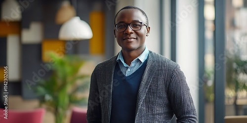 Obraz na płótnie Kenyan male financial advisor discussing investments in a modern office, standing confidently, smiling w salonie