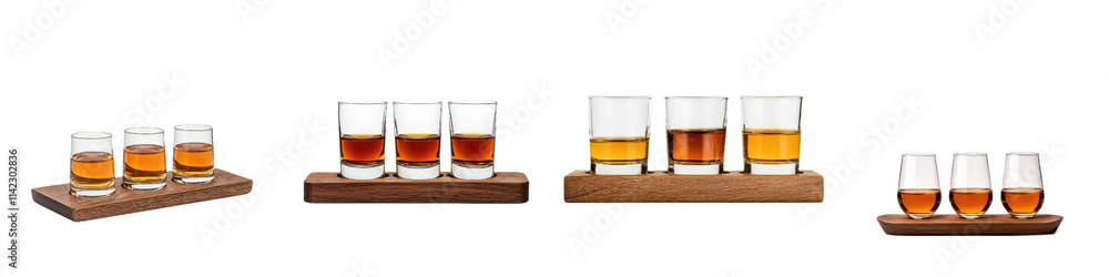 Whiskey flight with three small glasses on wooden trays, showcasing rich colors Whiskey flight with three small glasses on wooden trays, showcasing rich colors