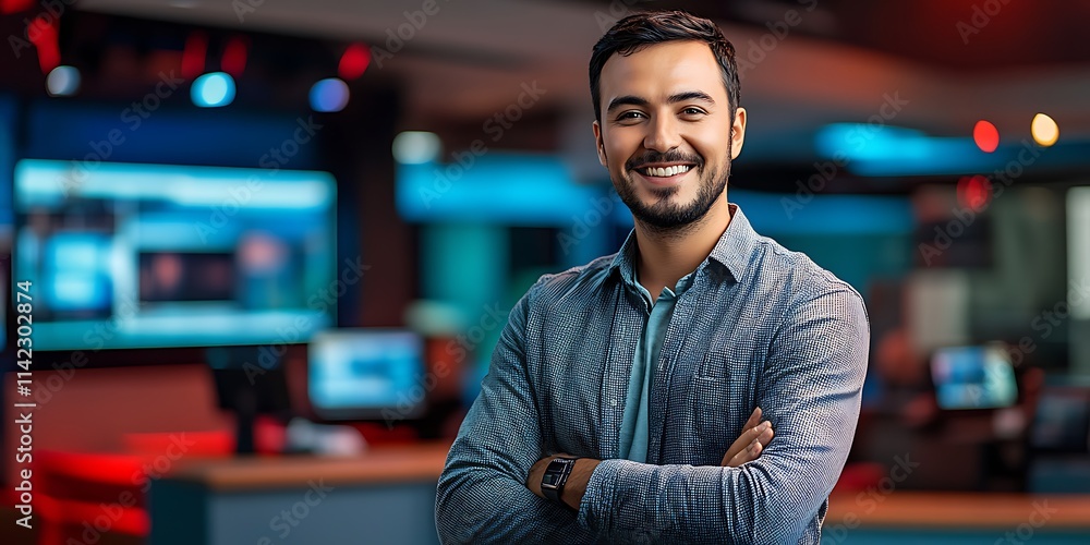 Portrait of a male journalist standing in front of a news desk, ready for an important broadcast
