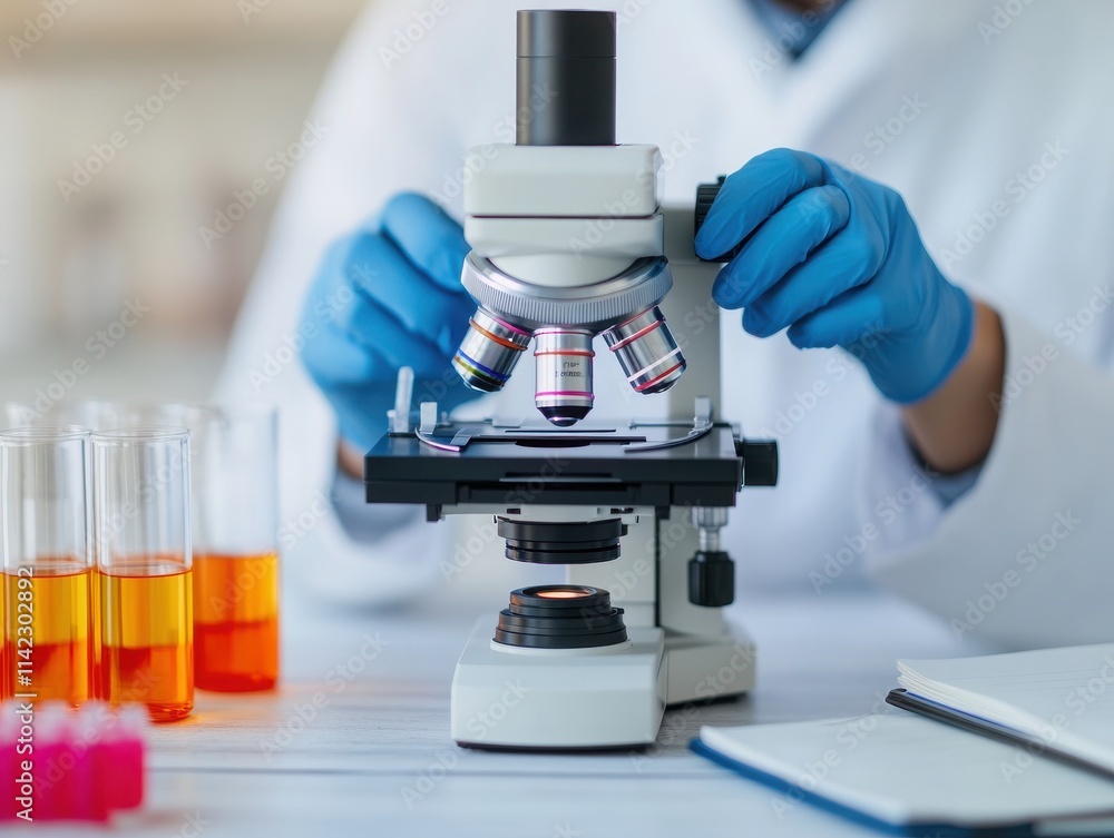 A researcher examines samples under a microscope in a modern laboratory, highlighting scientific exploration and discovery. A researcher examines samples under a microscope in a modern laboratory, highlighting scientific exploration and discovery.