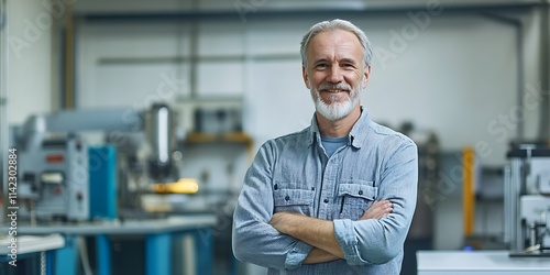 Geophysicist standing confidently in a lab environment with a smile, portrait shot