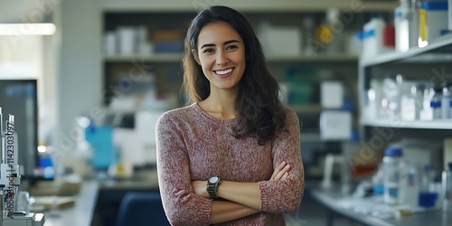 Microbiologist standing confidently in a research laboratory, prepared for experiments photo