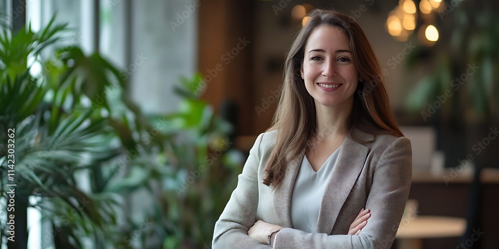 Female entrepreneur standing confidently in a modern, stylish office, ready to lead her business