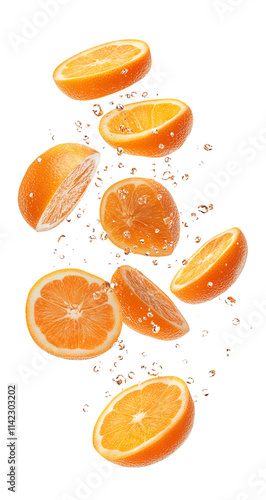 Fresh orange slices splashing in water isolated on transparent background photo