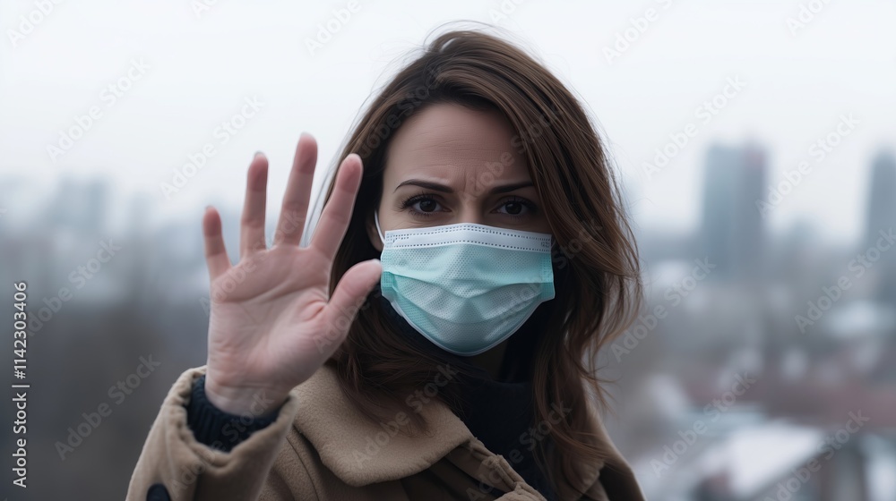 Woman wearing protective face mask showing stop sign with hand Woman wearing protective face mask showing stop sign with hand