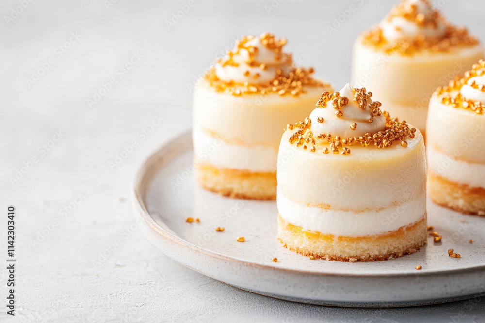 Mini cakes with cream and golden sprinkles on plate Mini cakes with cream and golden sprinkles on plate