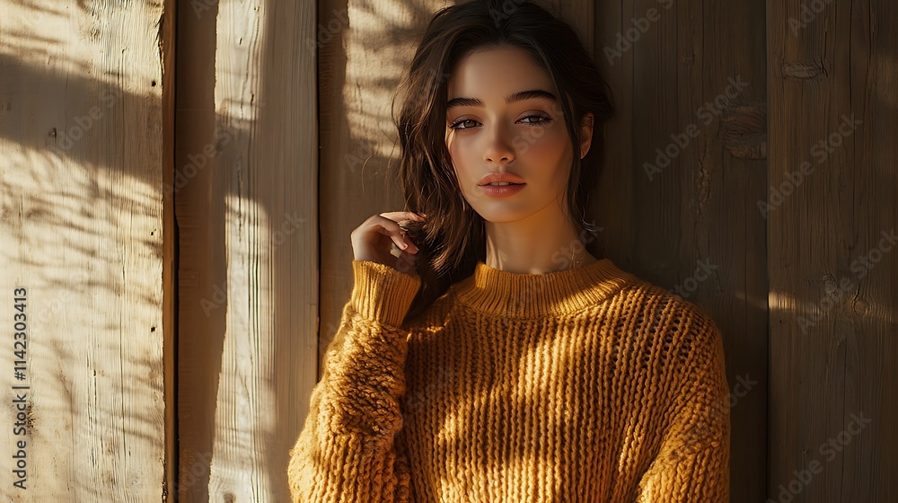 Female model in cozy autumn wear standing by rustic backdrop with soft lighting, perfect for advertising with copy space