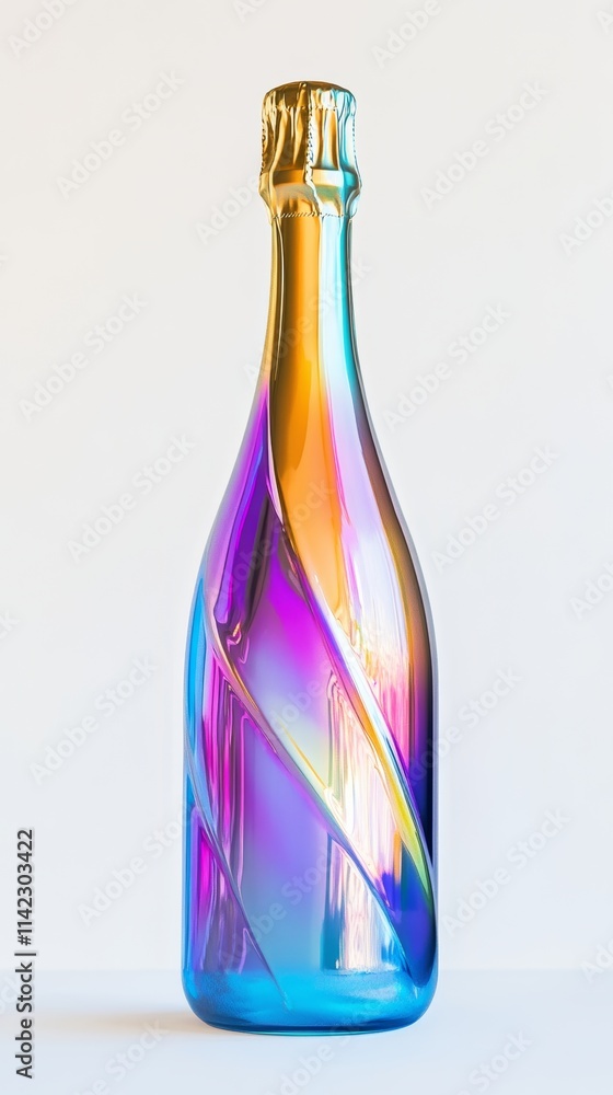 Iridescent champagne bottle reflecting light on white background