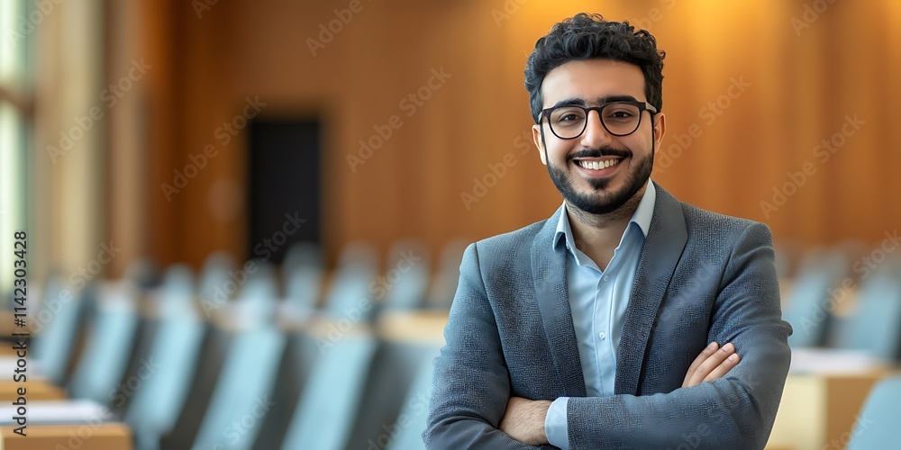 Portrait of an interpreter standing confidently in a multilingual conference room, smiling