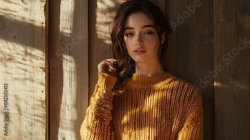 Obraz na płótnie Female model in cozy autumn wear standing by rustic backdrop with soft lighting, perfect for advertising with copy space w salonie