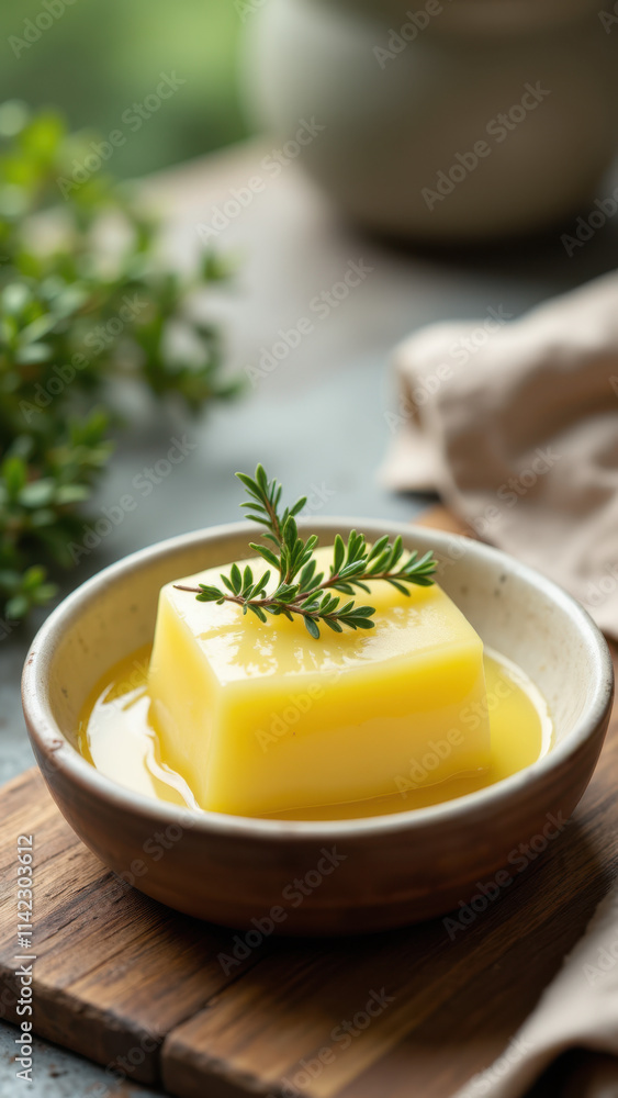 A bowl filled with homemade beef tallow soap, garnished with a sprig of rosemary on a rustic wooden surface. A bowl filled with homemade beef tallow soap, garnished with a sprig of rosemary on a rustic wooden surface.