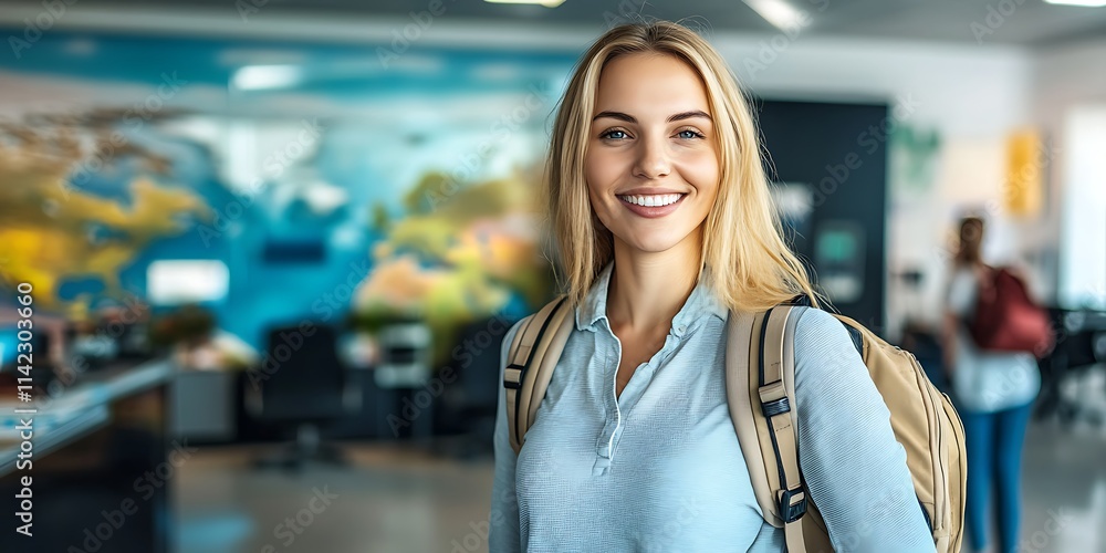 Travel agent standing confidently in a travel agency office, ready to assist clients