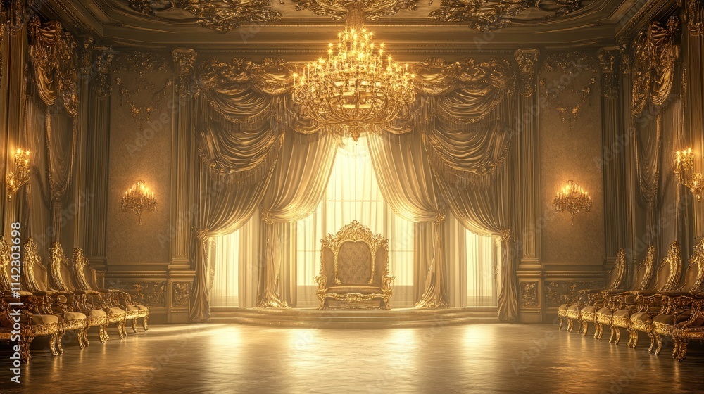 Obraz premium A lavish 3D scene of an opulent throne room, adorned with intricate gold detailing, velvet curtains, and a glowing golden chandelier casting a warm light across the space.